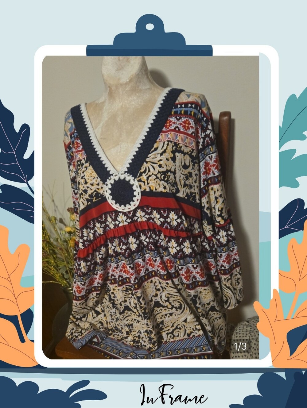 Melissa Paige Navy, Red & Cream Boho V-Neck Tunic Size 1x